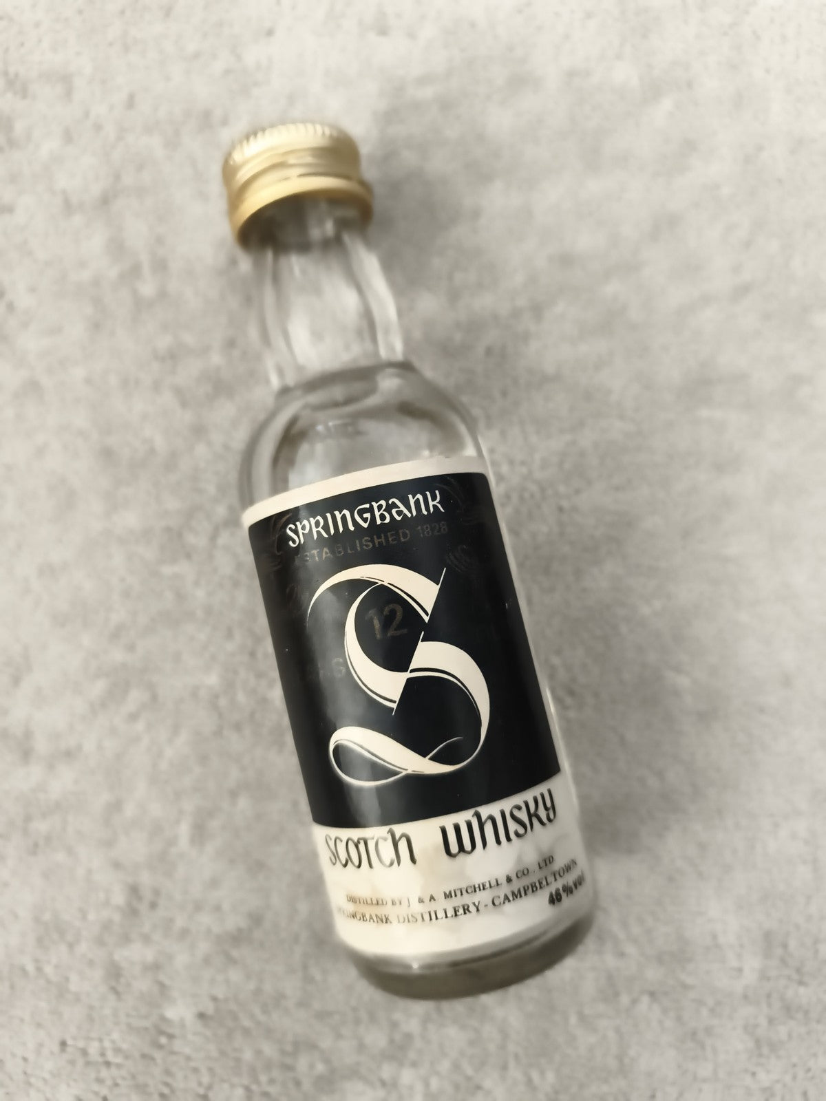 Miniature whisky Springbank 12 ans partiellement remplie, Scotch, étiquette noir
