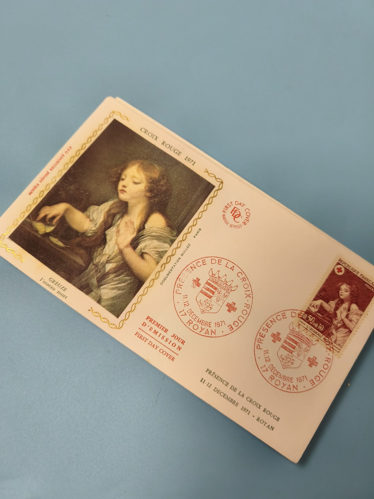 Enveloppe Premier Jour Croix Rouge 1971 Greuze FDC timbre et cachet Royan