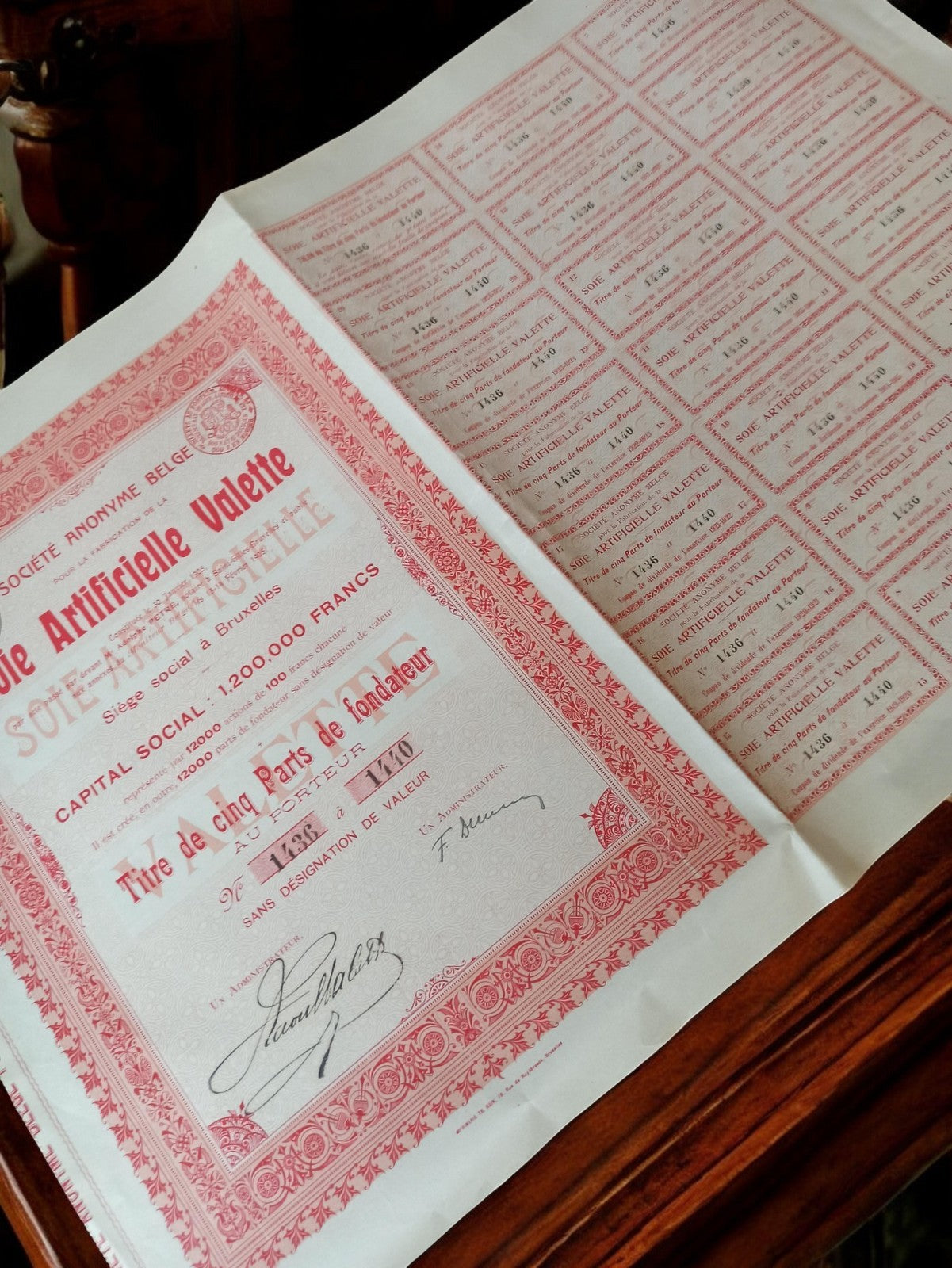 Ancien titre au porteur Soie Artificielle Valette Belgique années 1920 vintage