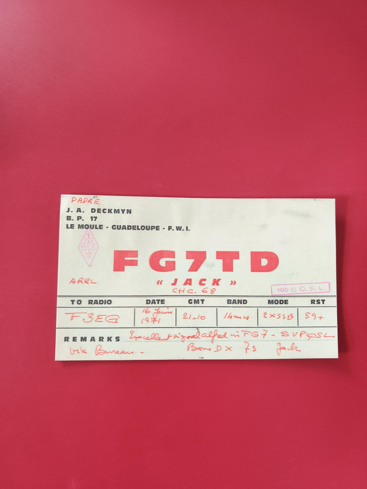 Carte radio QSL FG7TD Guadeloupe Le Moule 1971 écriture rouge format rectangulai