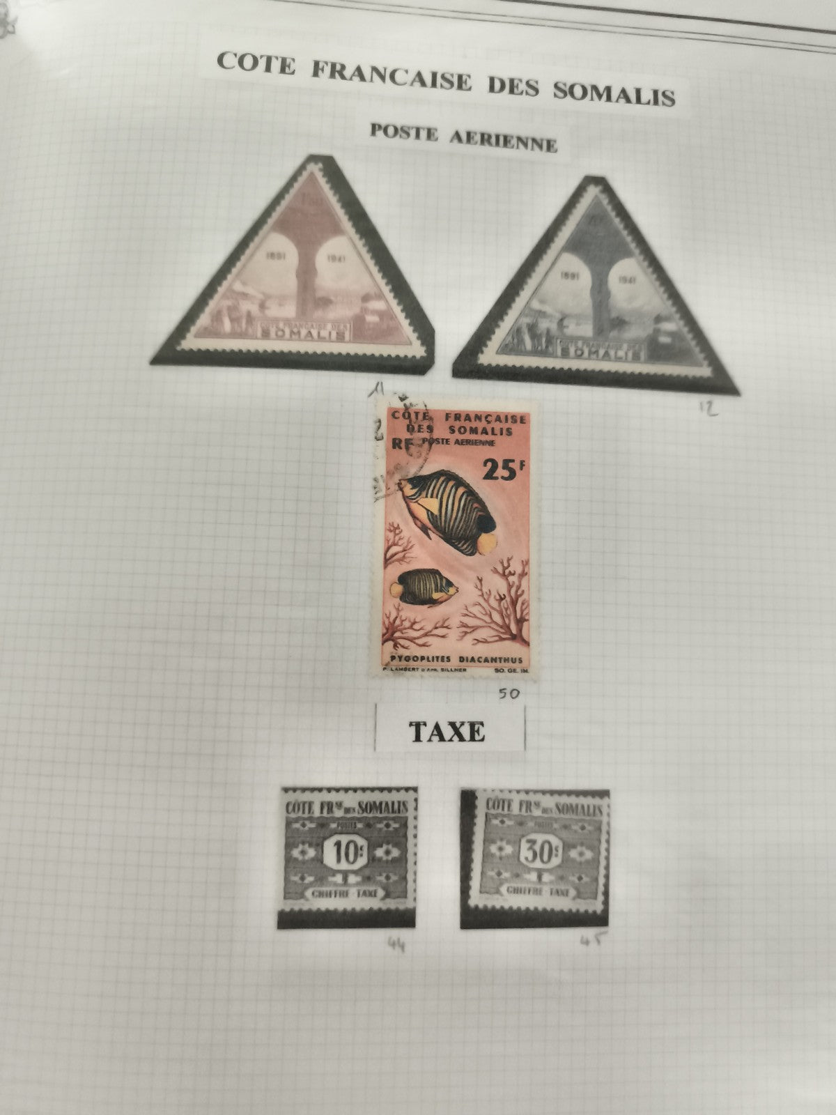 Timbres Cote Française des Somalis Poste aérienne et taxe, lot thématique