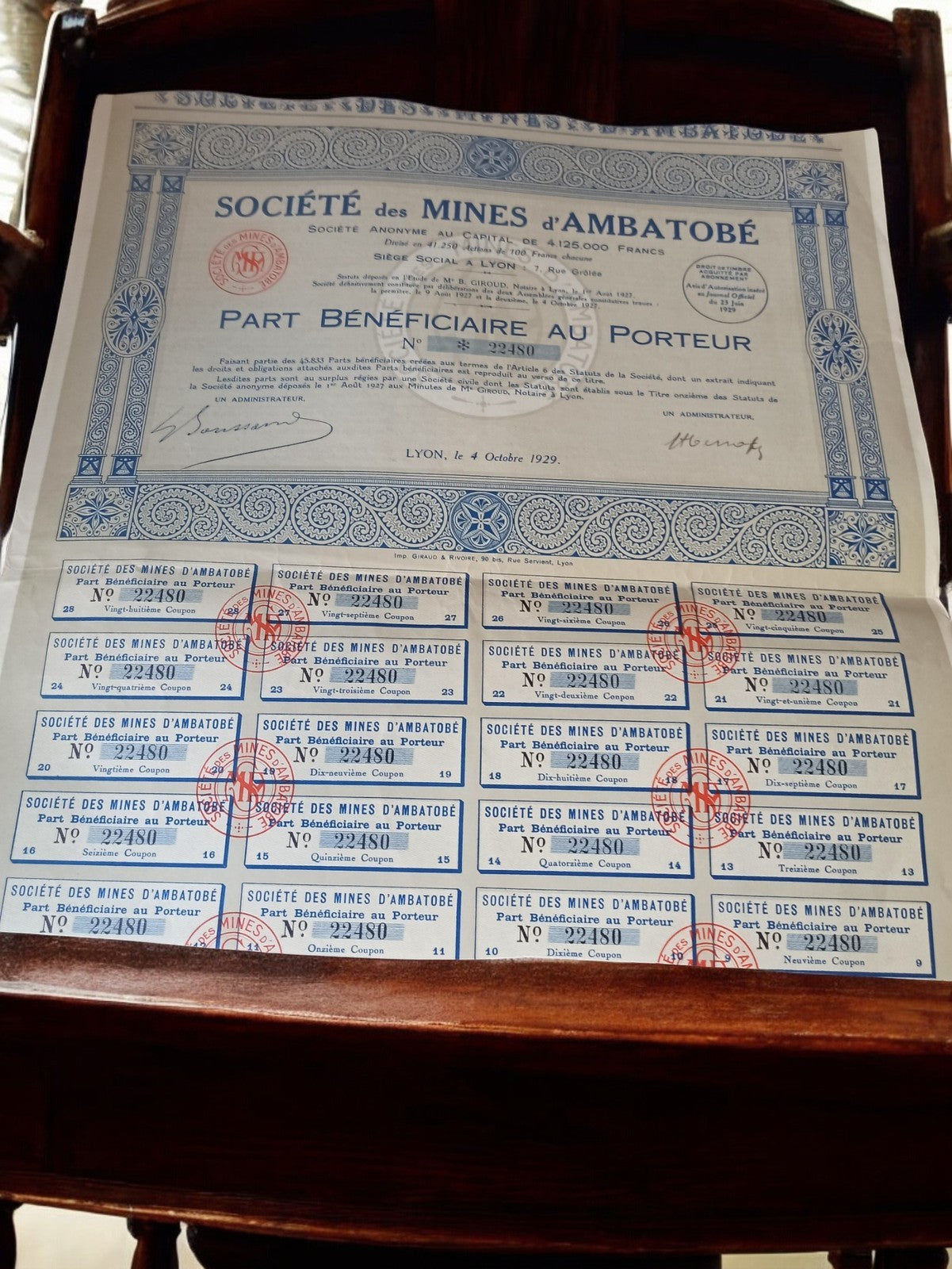 Action ancienne Société Mines Ambatobé 1929 certificat bourse vintage déco rétro