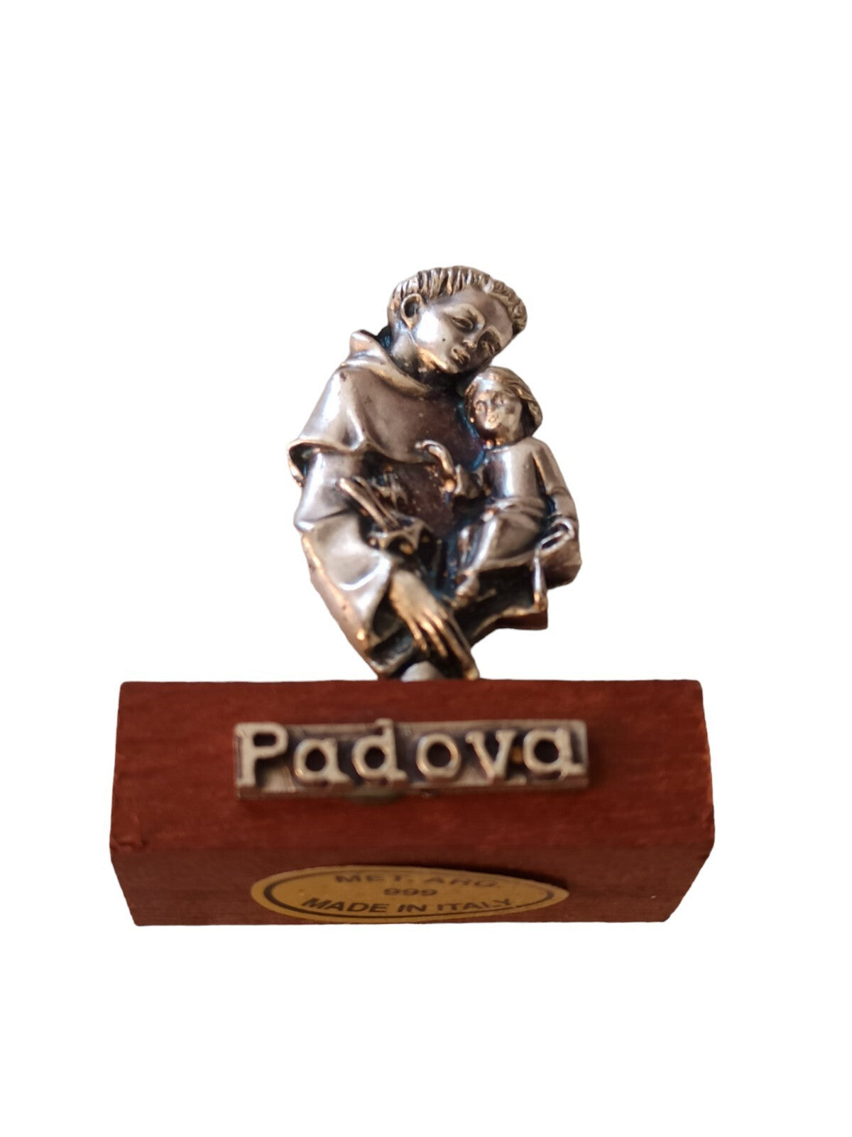 Statuette Saint Antoine Padova métal argenté socle bois vintage Italy 5 cm