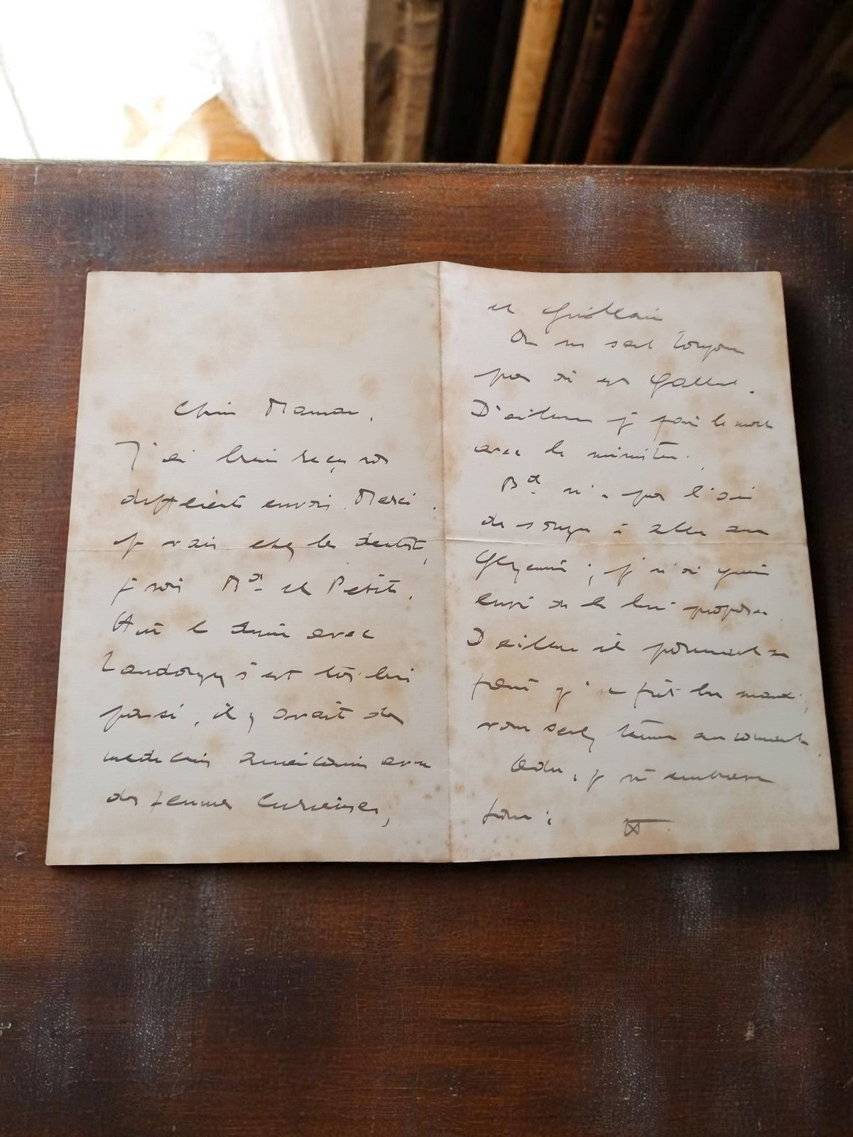 Lettre manuscrite ancienne émouvante fils à mère vintage papier tacheté