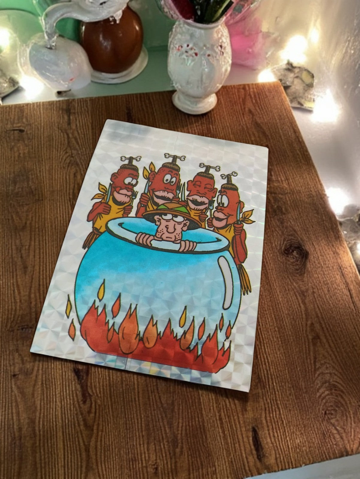 Autocollant Panini vintage années 80 effet prismatique, dessin humoristique rare