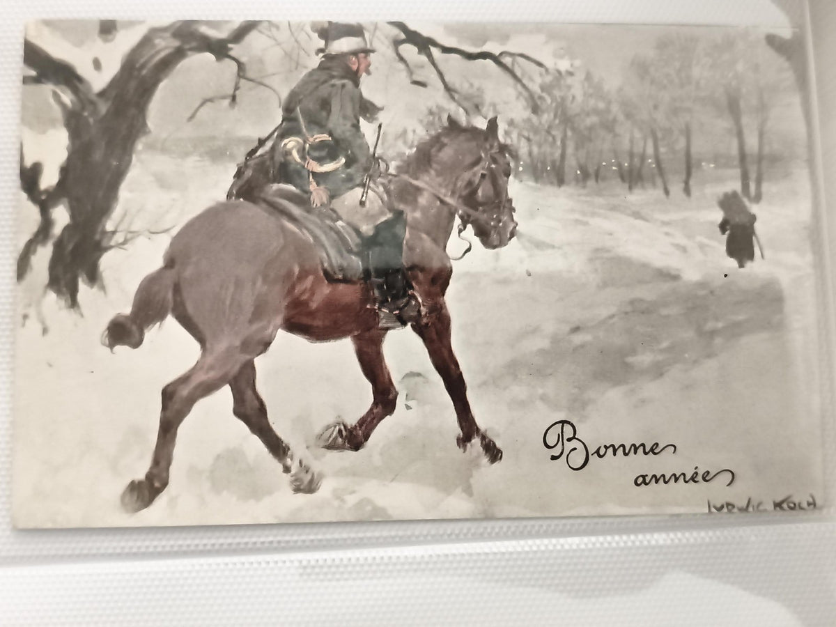 Carte postale ancienne Bonne année cavalier hiver Ludvic Koch CPA illustrée