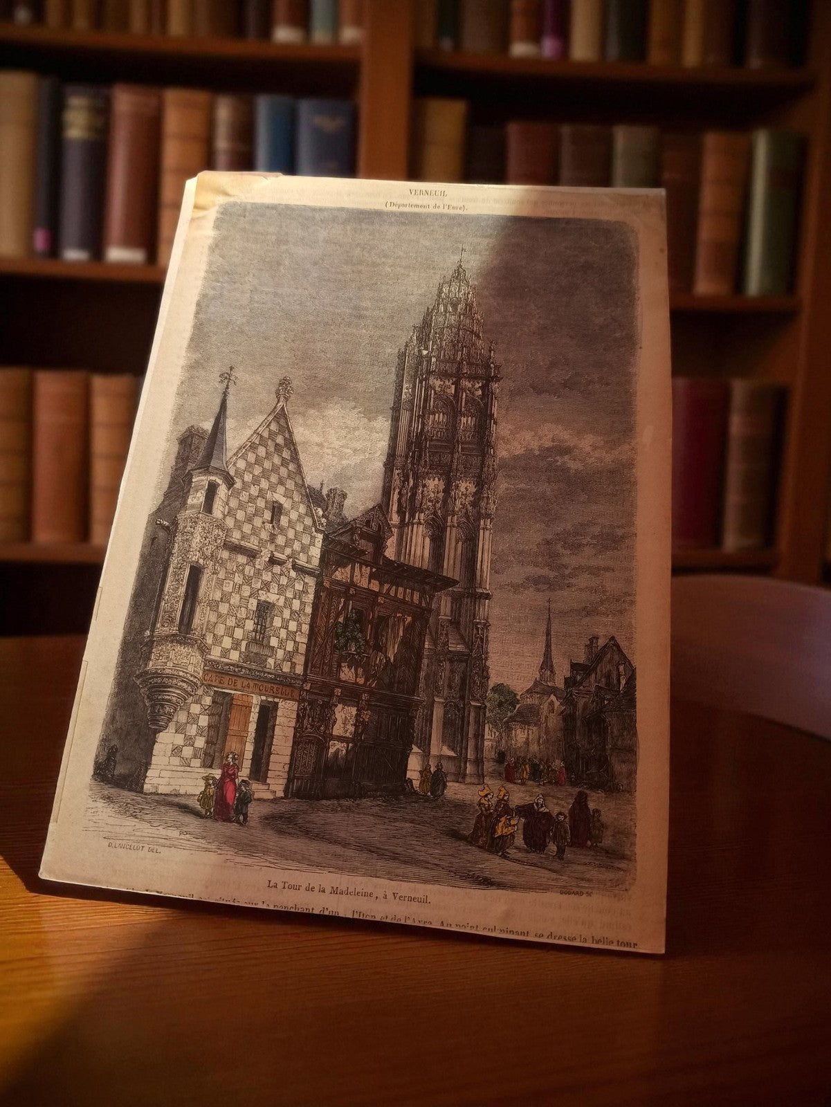 Gravure ancienne Verneuil Tour de la Madeleine, art vintage déco rétro