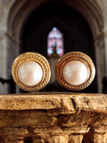 Boucles d?oreilles vintage X plaqué or cabochon perle ronde style rétro
