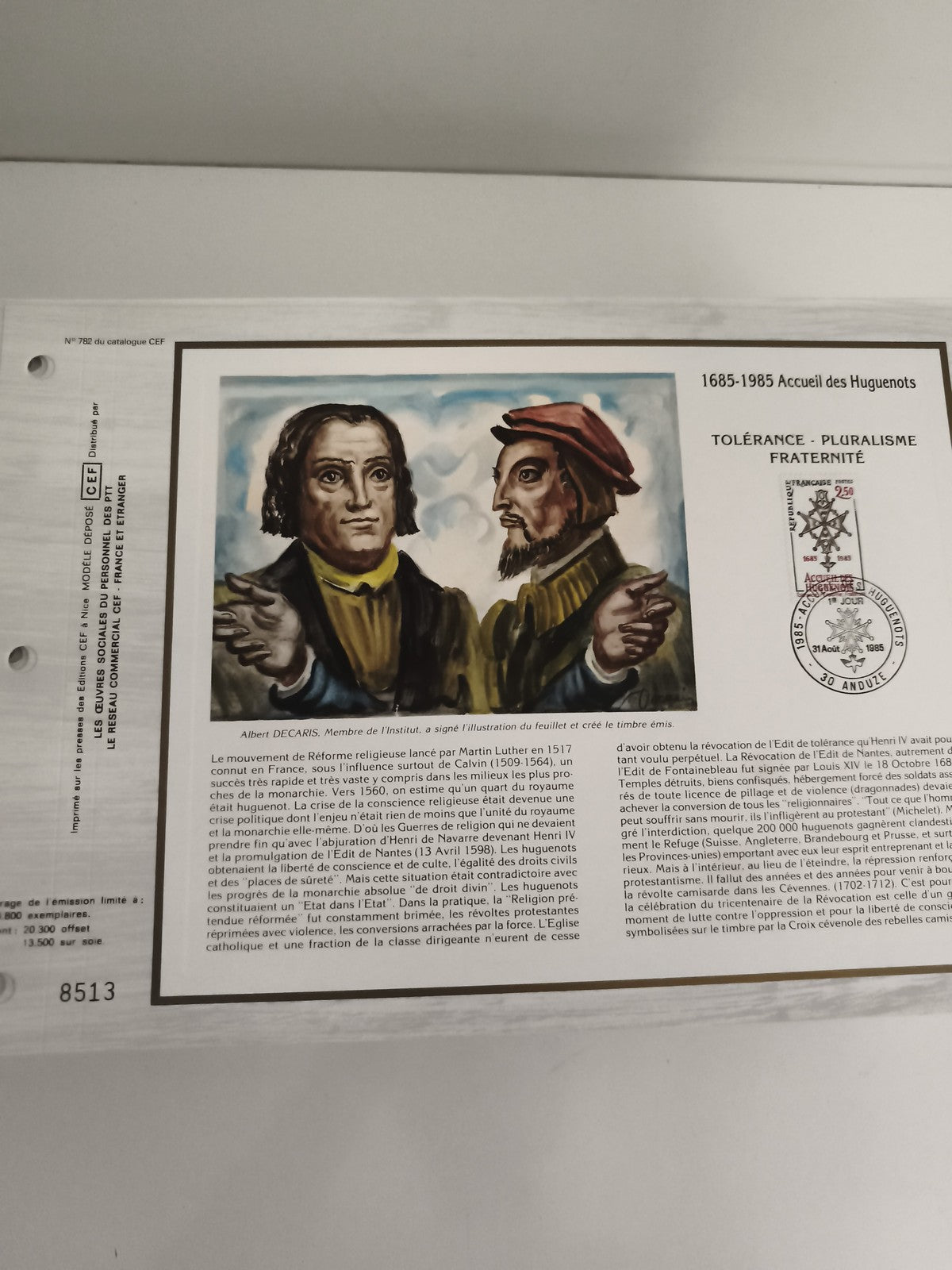 Feuillet philatélique CEF 1685-1985 Accueil des Huguenots timbre illustré