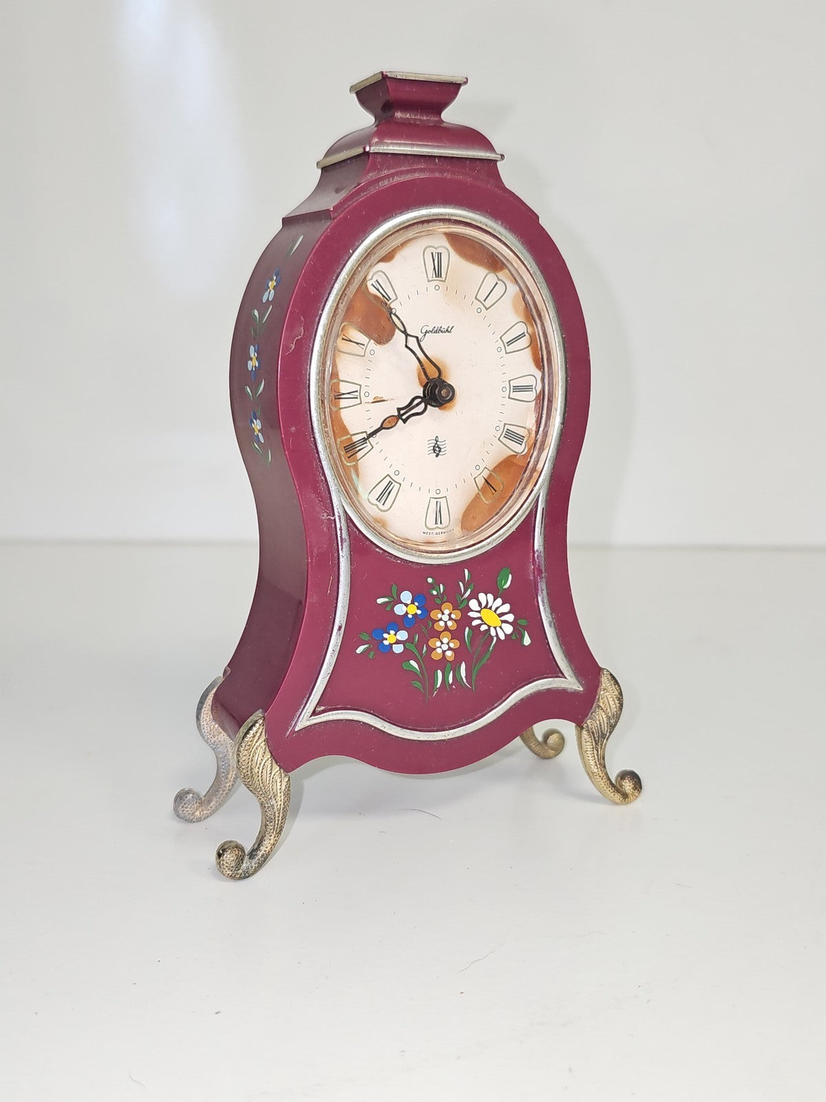 Réveil musical ancien Goldbuhl Allemagne peint main, années 60, à restaurer vint