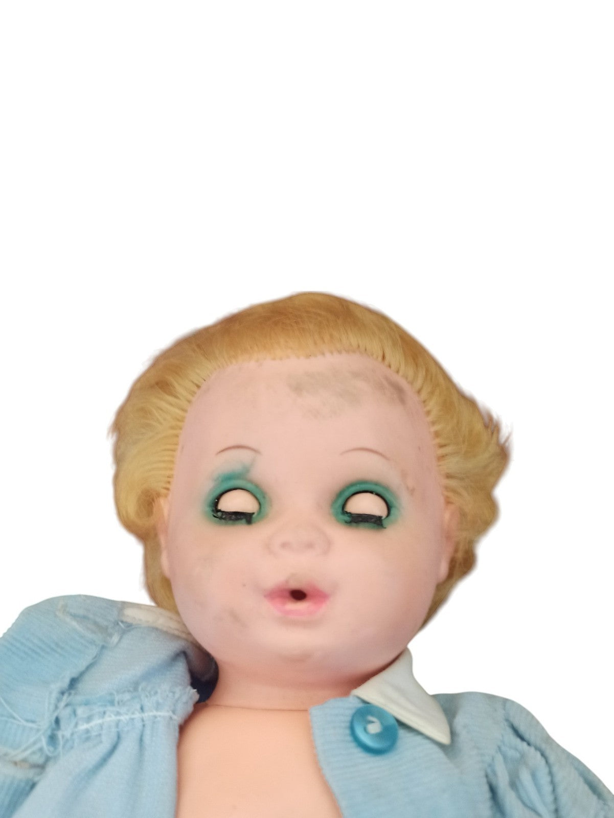 Poupée vintage plastique années 60 yeux dormeurs vêtement bleu rétro