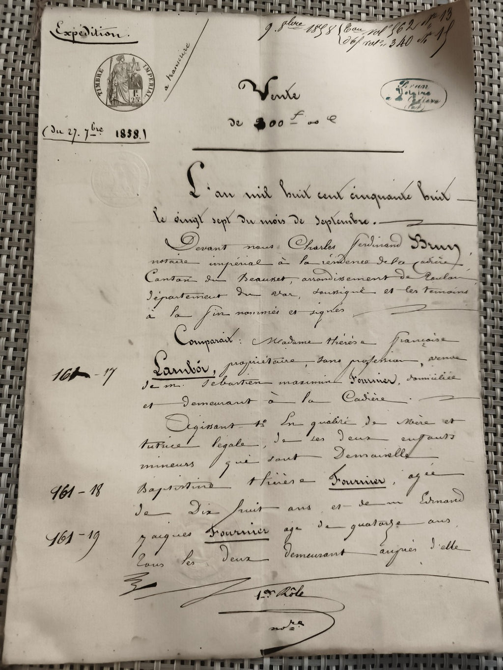 Ancien acte notarié vente manuscrit 1858 cachet Timbre Impérial document