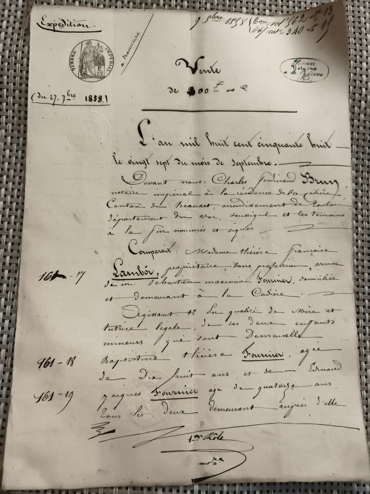Ancien acte notarié vente manuscrit 1858 cachet Timbre Impérial document
