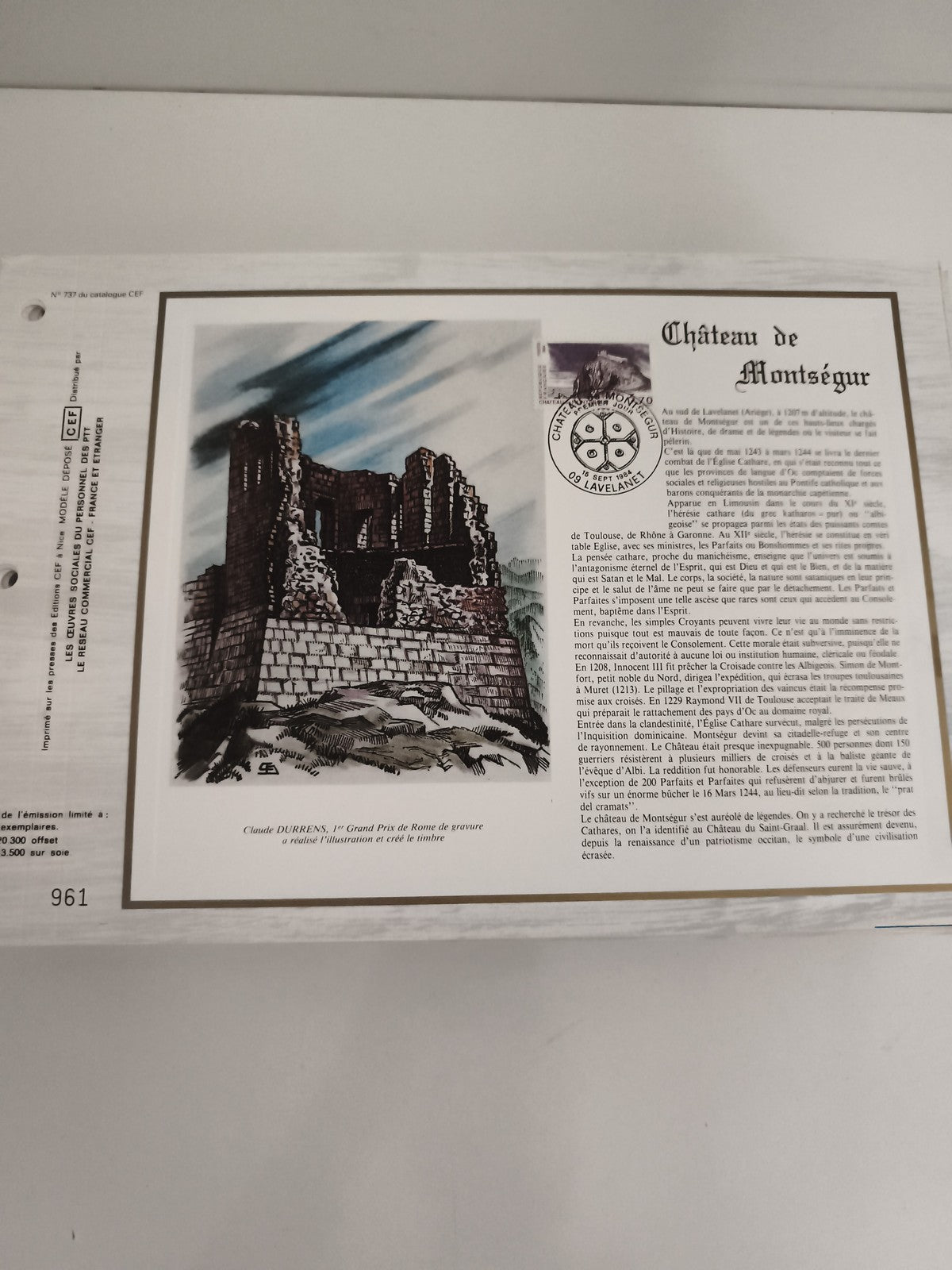 Feuillet philatélique CEF Château de Montségur illustré, oblitération 1er jour
