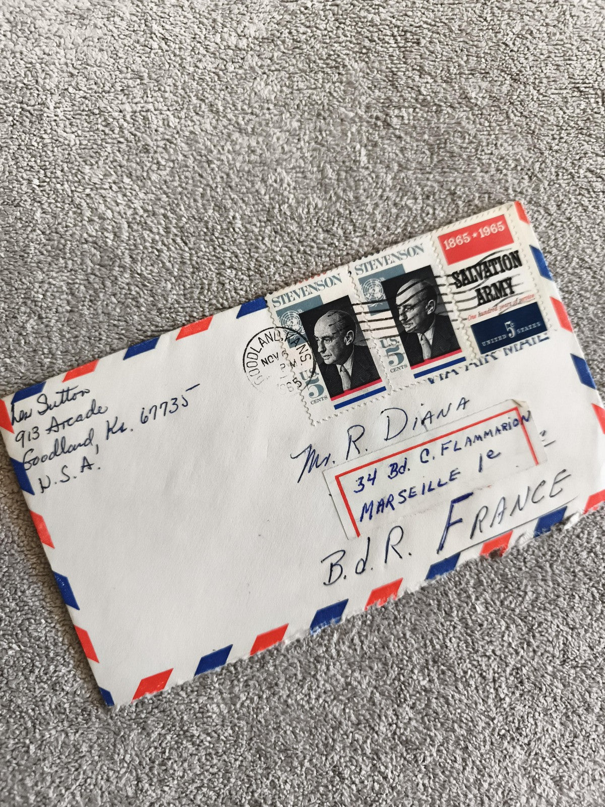 Lettre avion USA France 1965 affranchie 3 timbres Stevenson Salvation Army phila