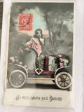Carte postale ancienne enfant voiture fleurie colorisée – Je vous envoie mes bai