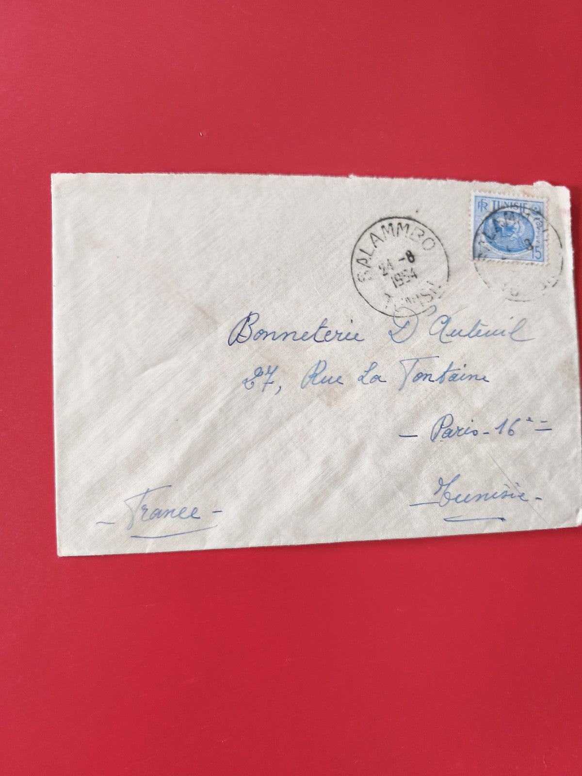 Enveloppe philatélie oblitérée Tunisie 15c timbre bleu écriture manuscrite