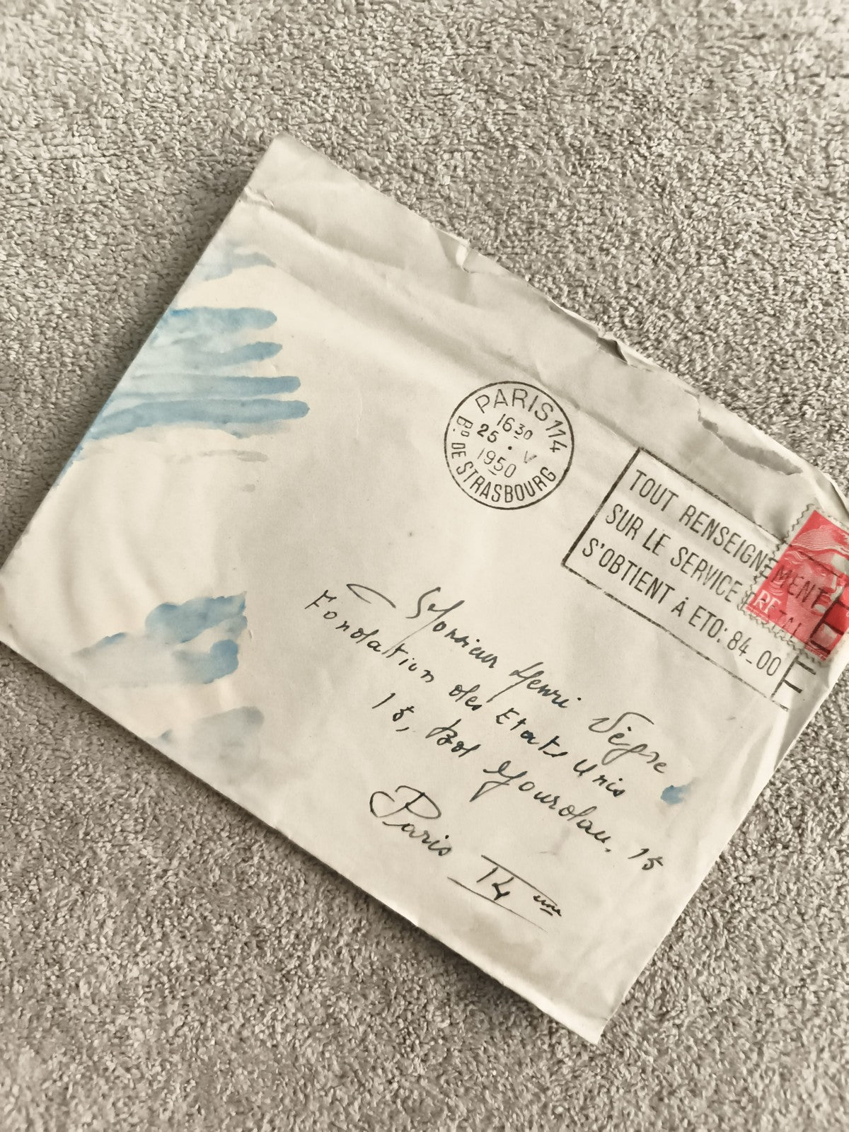 Lettre oblitérée Paris 1950 timbre RF philatélie cachet illustré