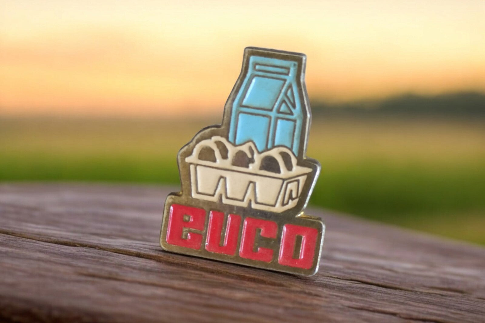Pin's vintage EUCO rétro – motif œufs et brique de lait – accessoire badge