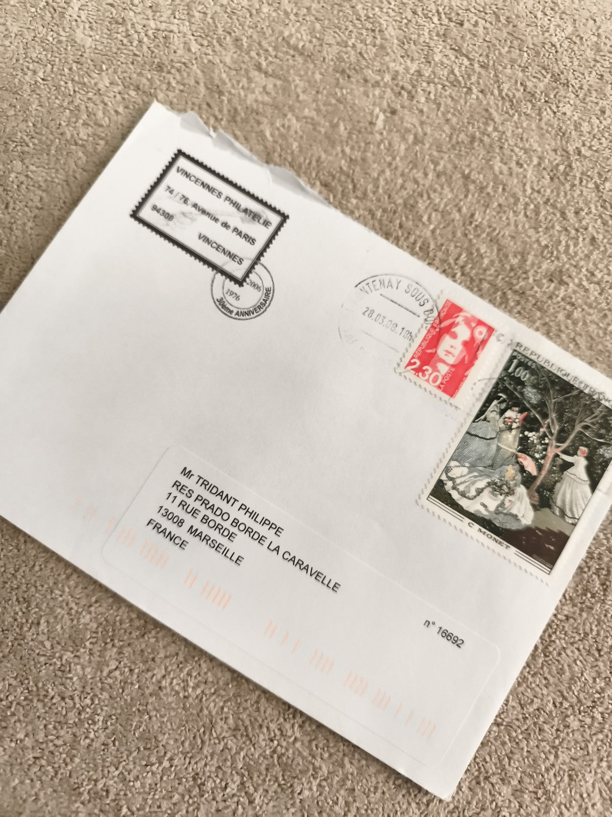 Lettre affranchie timbres Marianne Monet, cachets Vincennes Philatélie, France