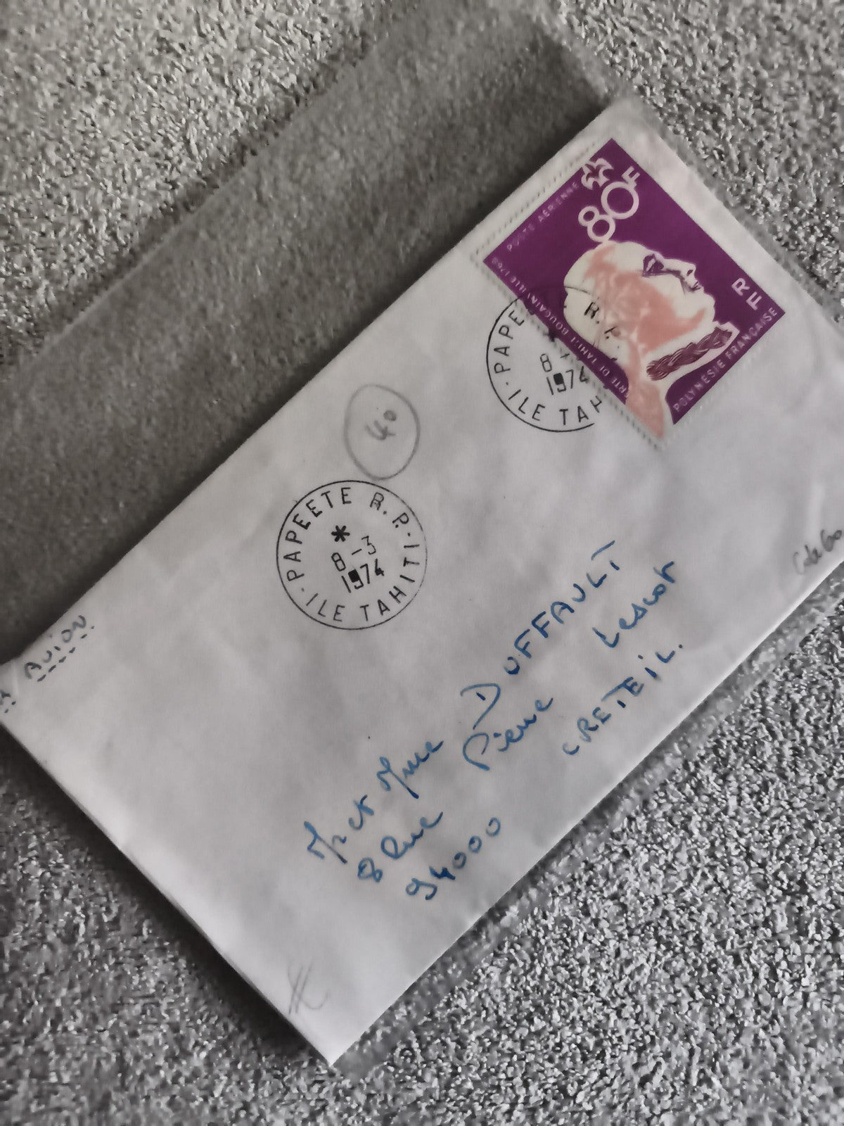 Lettre affranchie 80F Papeete 1974 Tahiti timbre Marianne philatélie (Ref 27)