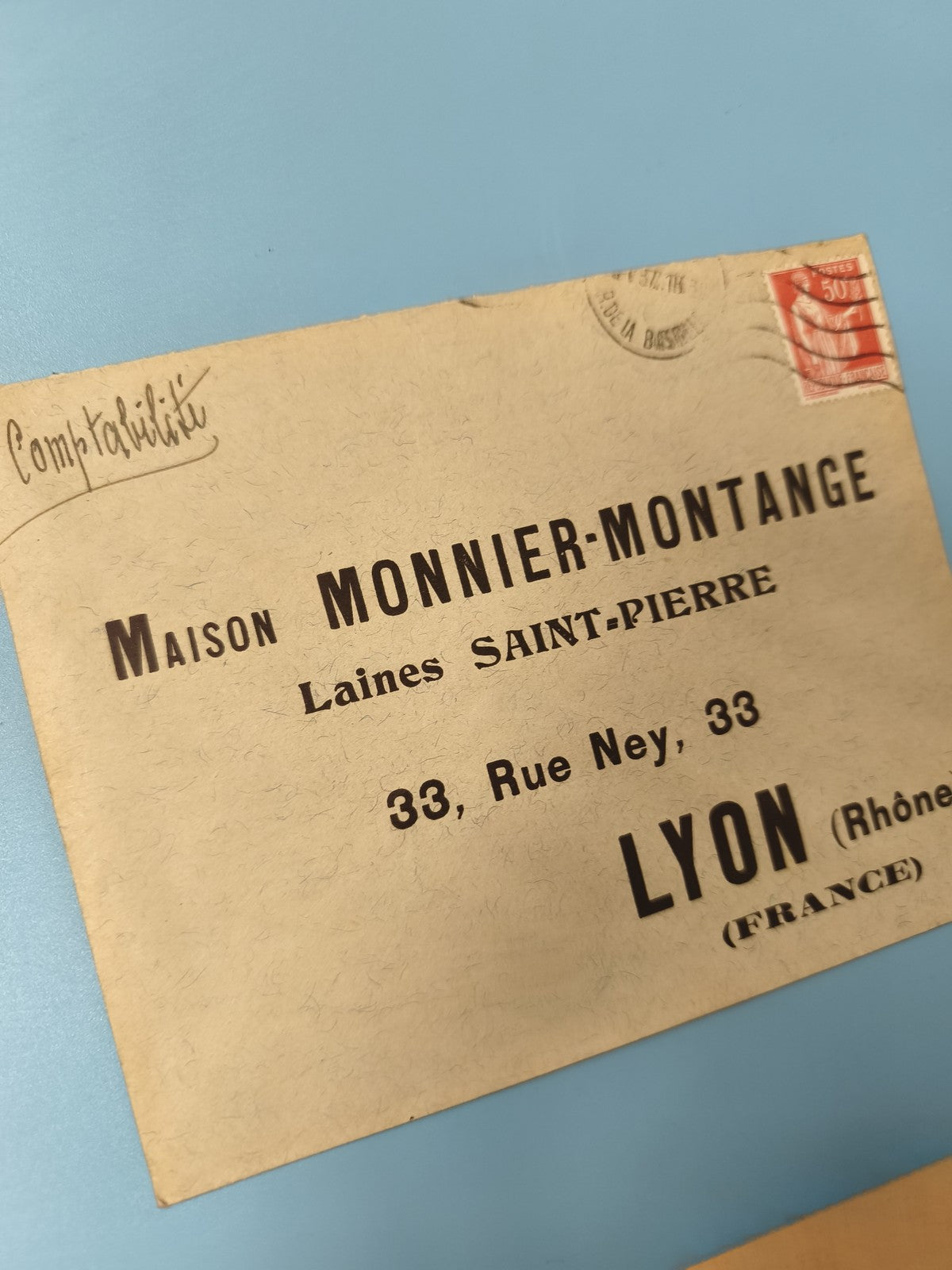 Ancienne enveloppe oblitérée début XXe Maison Monnier-Montange Lyon philatélie