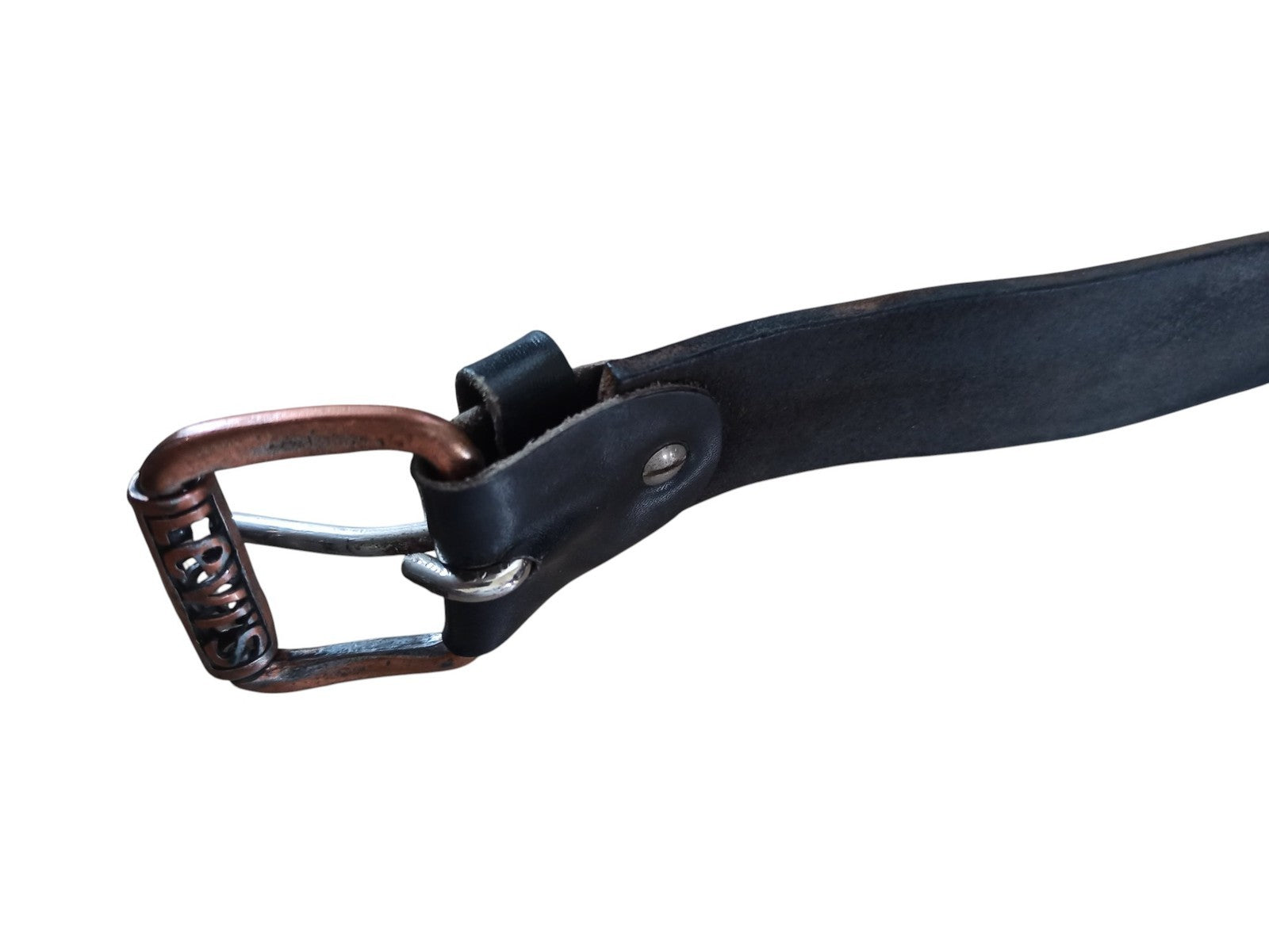 Ceinture Levi's vintage en cuir noir, boucle métal vieilli rétro