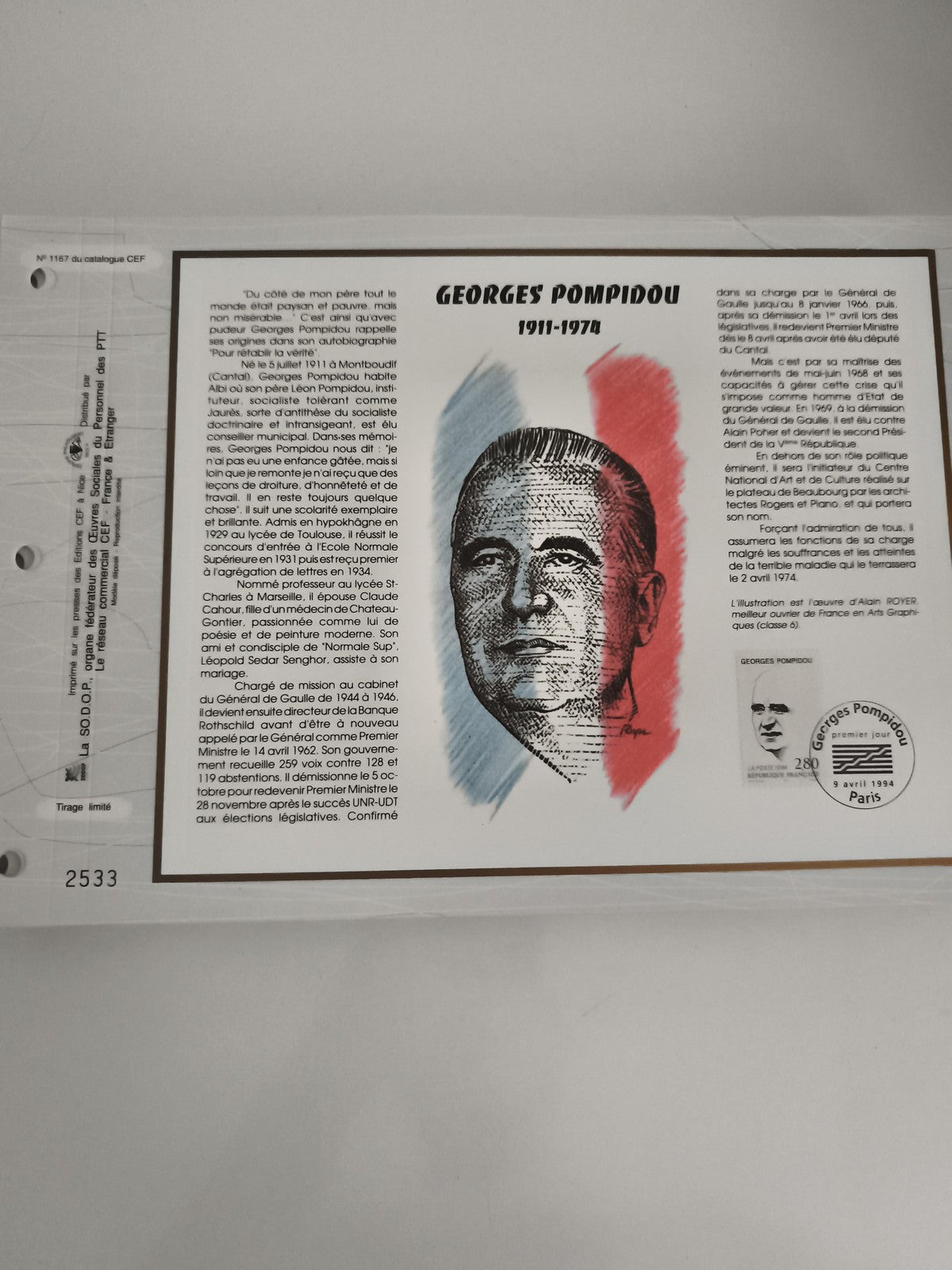 Feuillet CEF Georges Pompidou 1911-1974 philatélie tirage limité