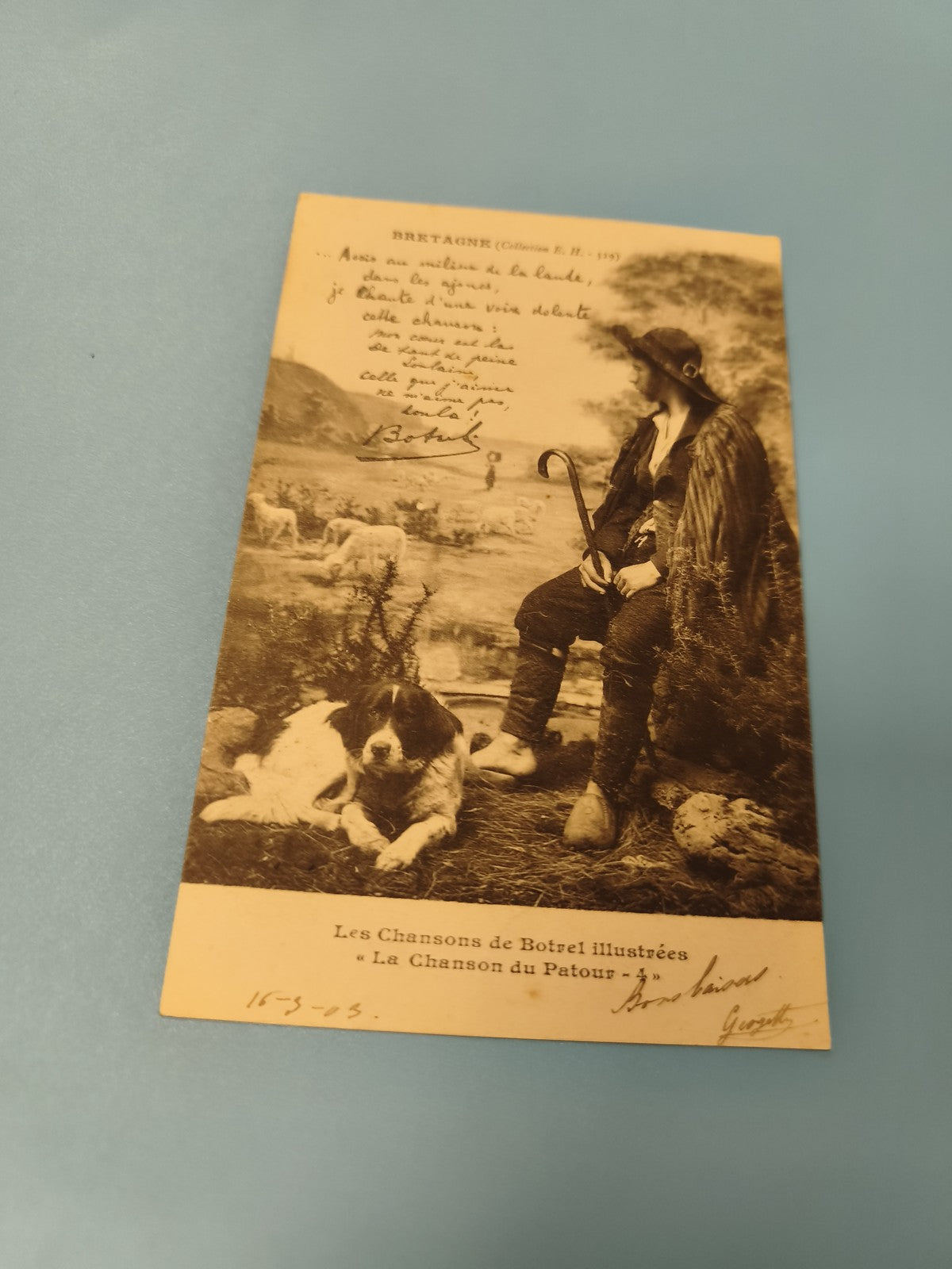 Carte postale ancienne Bretagne Chanson du Patou Botrel berger chien illustrée