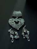 Parure ancienne vintage bijou rétro cœur fleurs, pendentif et boucles d’oreilles