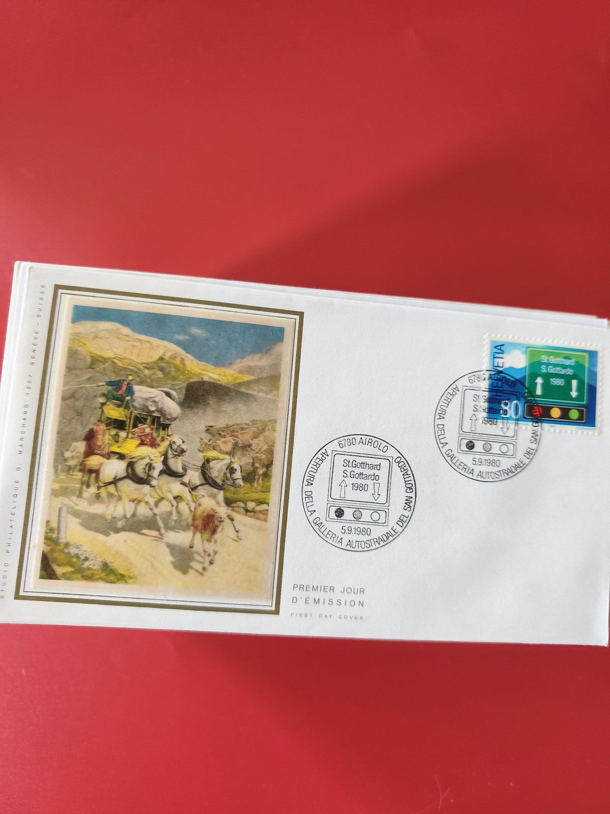 Enveloppe philatélie premier jour St. Gotthard 1980 illustration diligence timbr