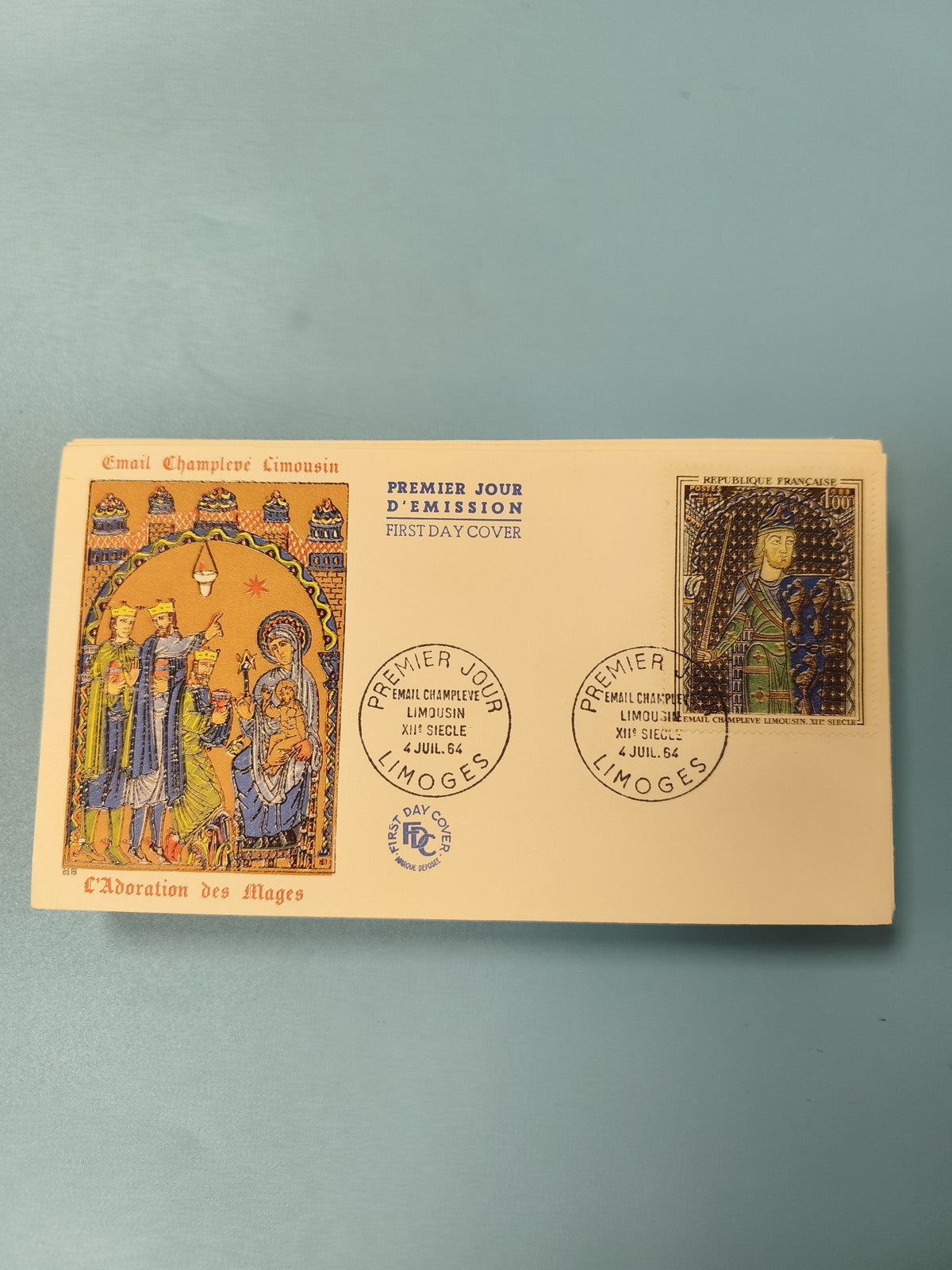 Ancienne enveloppe Premier Jour Limoges émail champlevé XIIe, Adoration des Mage