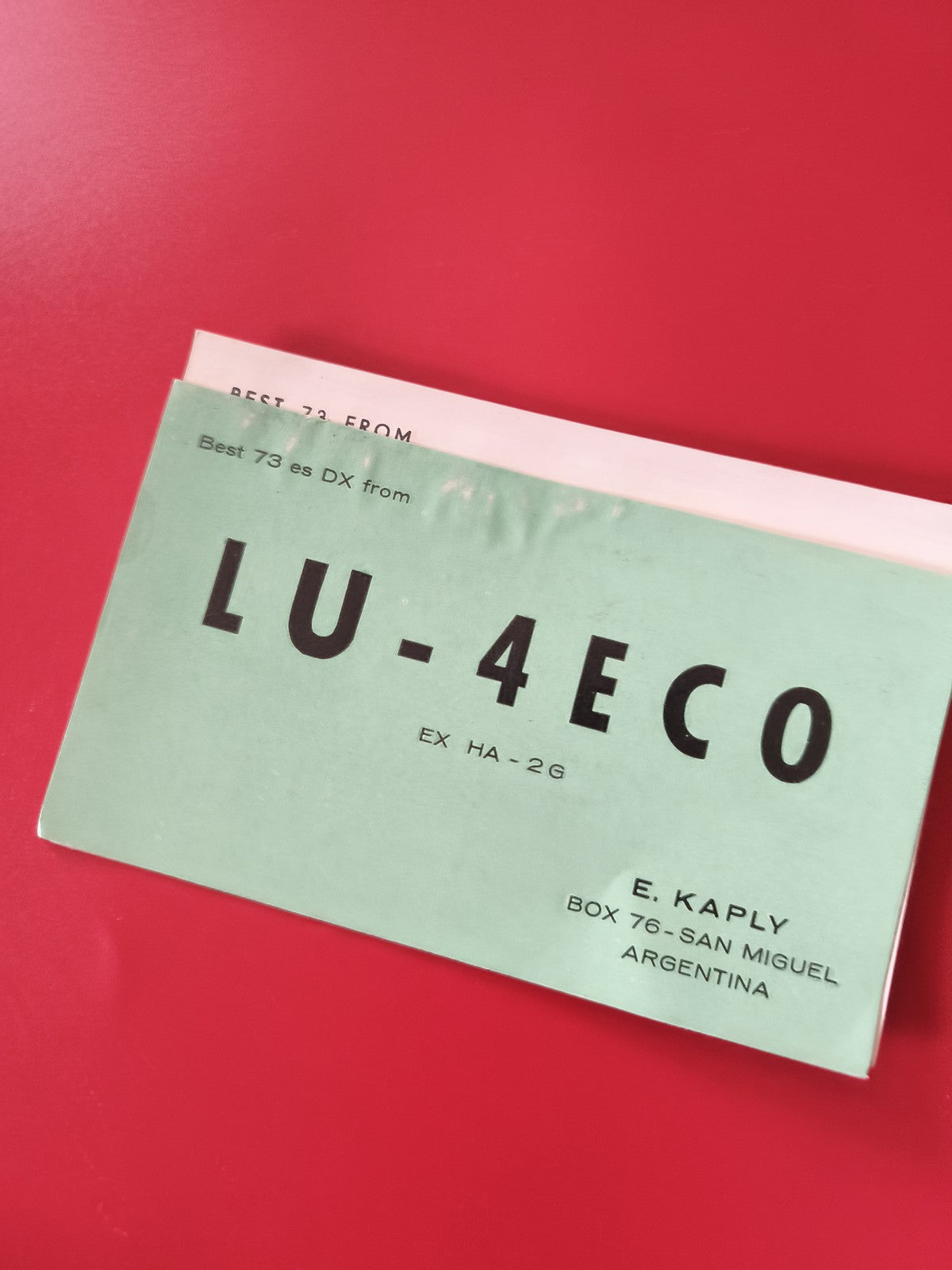 Carte radio LU-4ECO Argentine E. Kaply vert pale, radioamateur DX