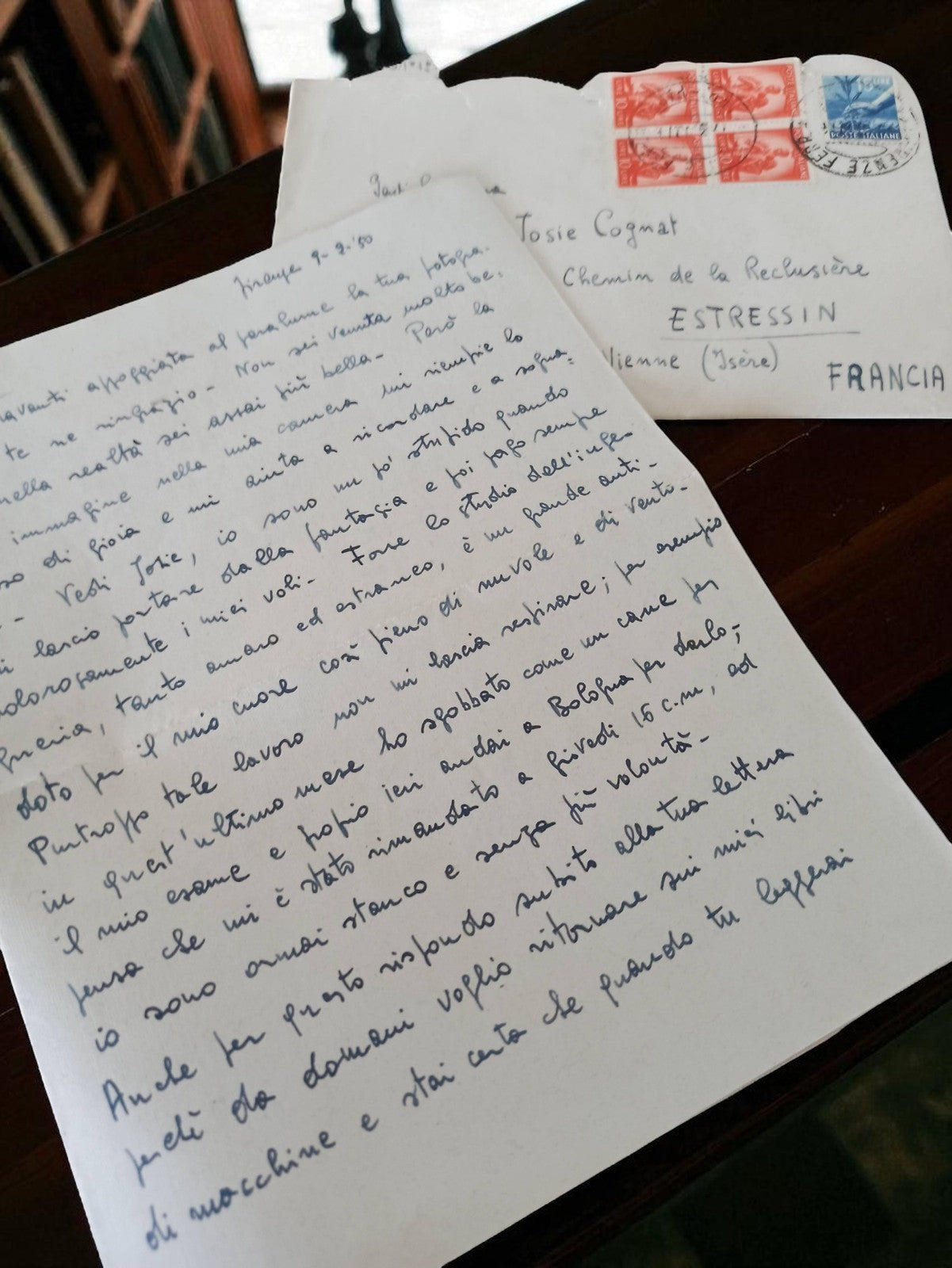 Lettre manuscrite ancienne 1950 avec enveloppe affranchie France Italie vintage