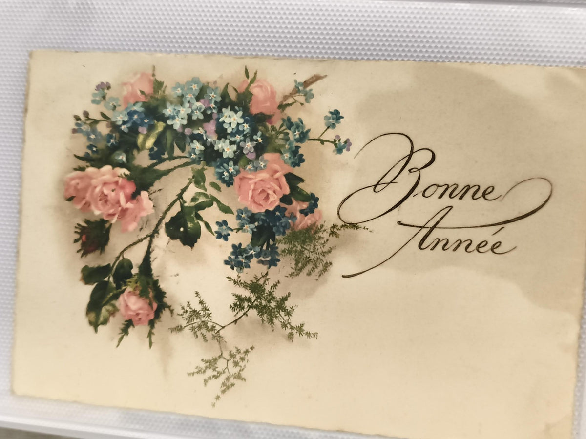 Carte postale ancienne Bonne Année fleurs roses bleues illustration rétro CPA