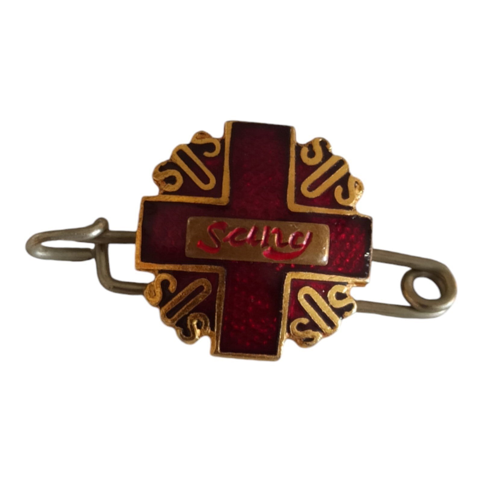 Broche vintage SOS Sang croix rouge dorée émaillée secourisme ancien