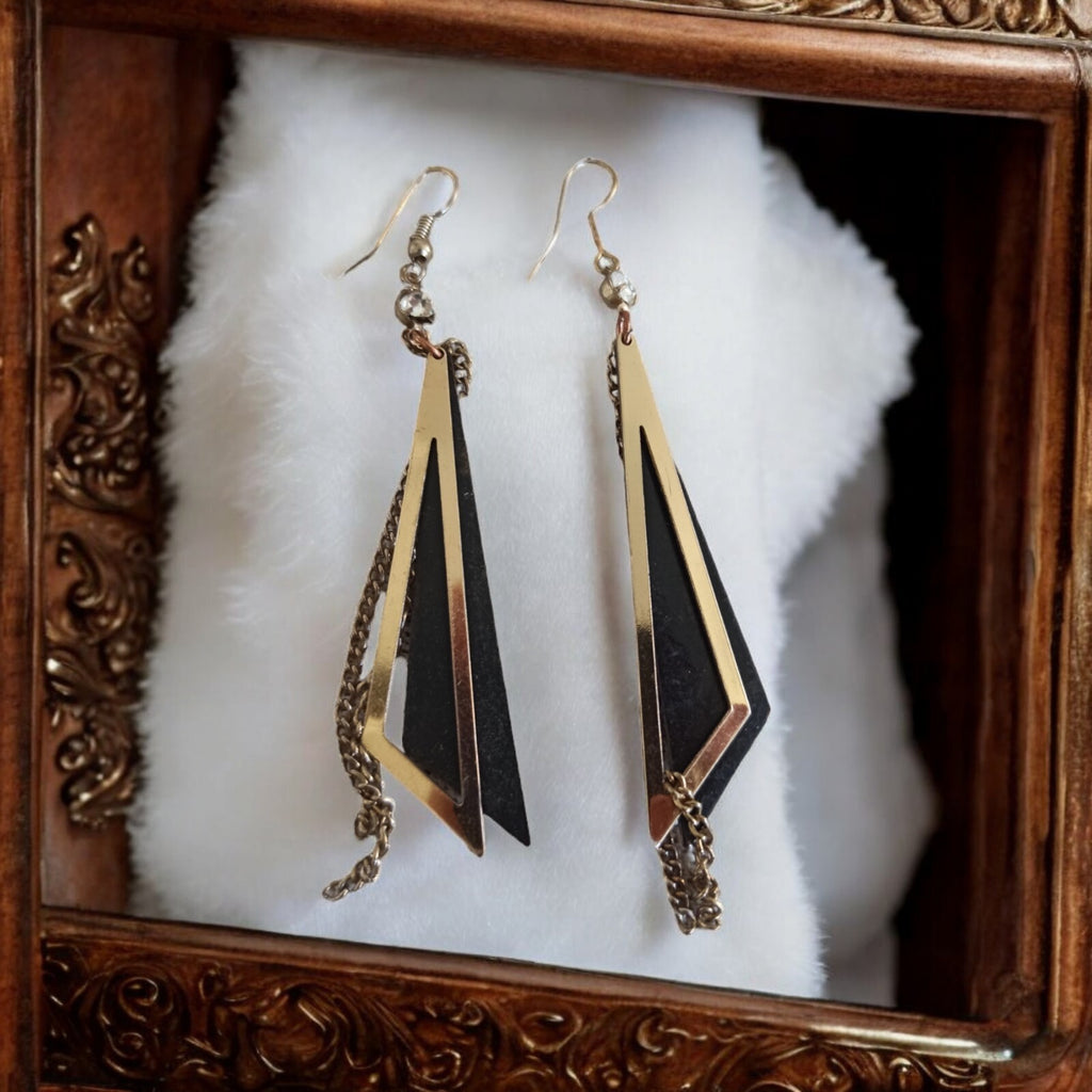 Boucles d’oreilles vintage pendantes triangles dorés noir années 80 art déco