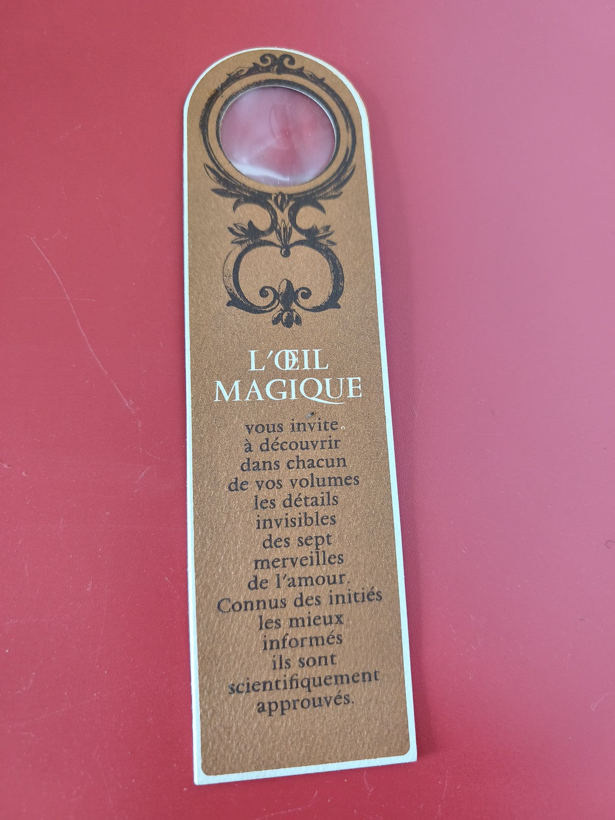 Altes Vintage-Lesezeichen Werbung "L'Œil Magique" Lupe braunes Retro-Dekor