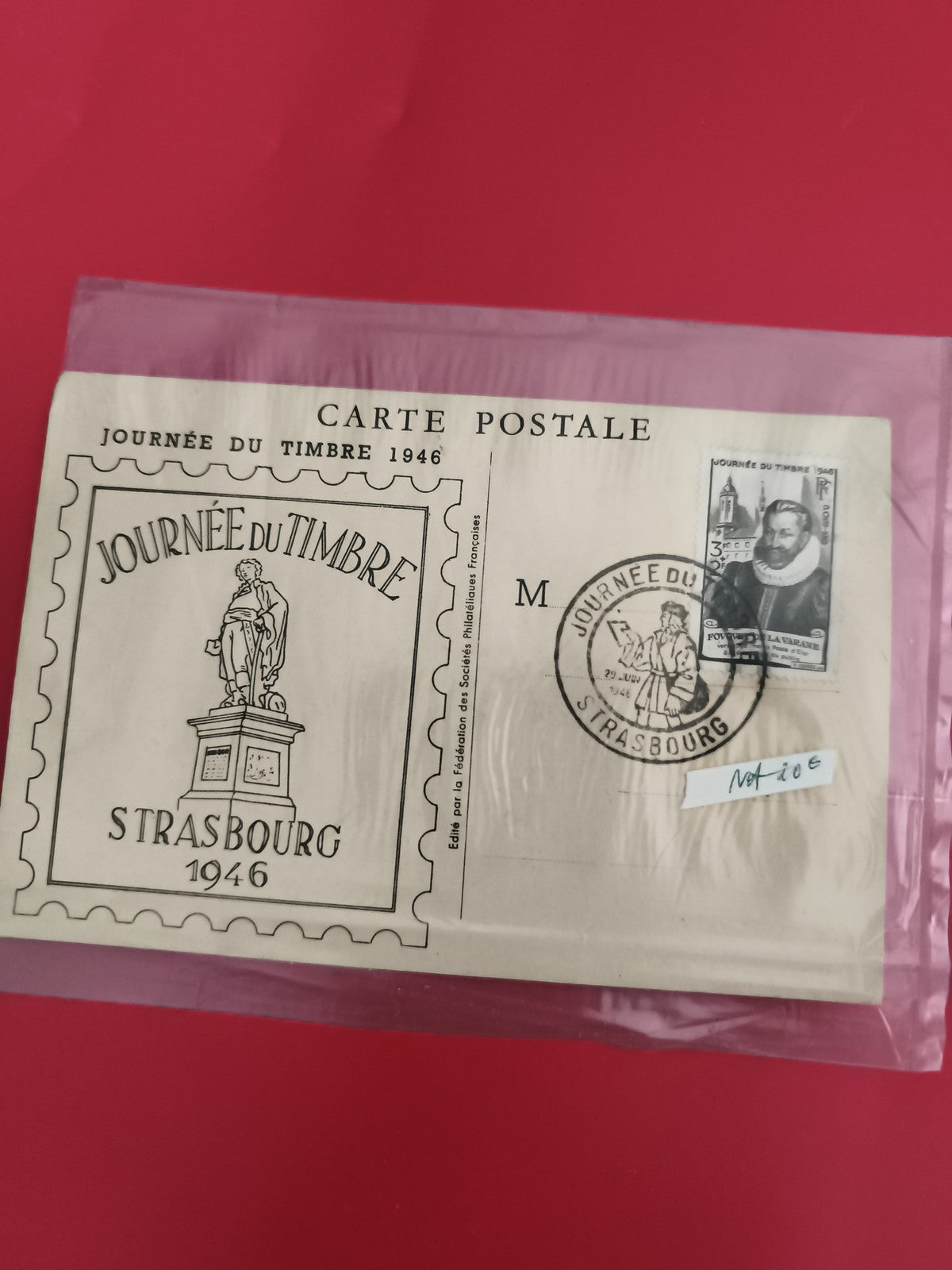 Carte postale Journée du Timbre 1946 Strasbourg oblitérée philatélie