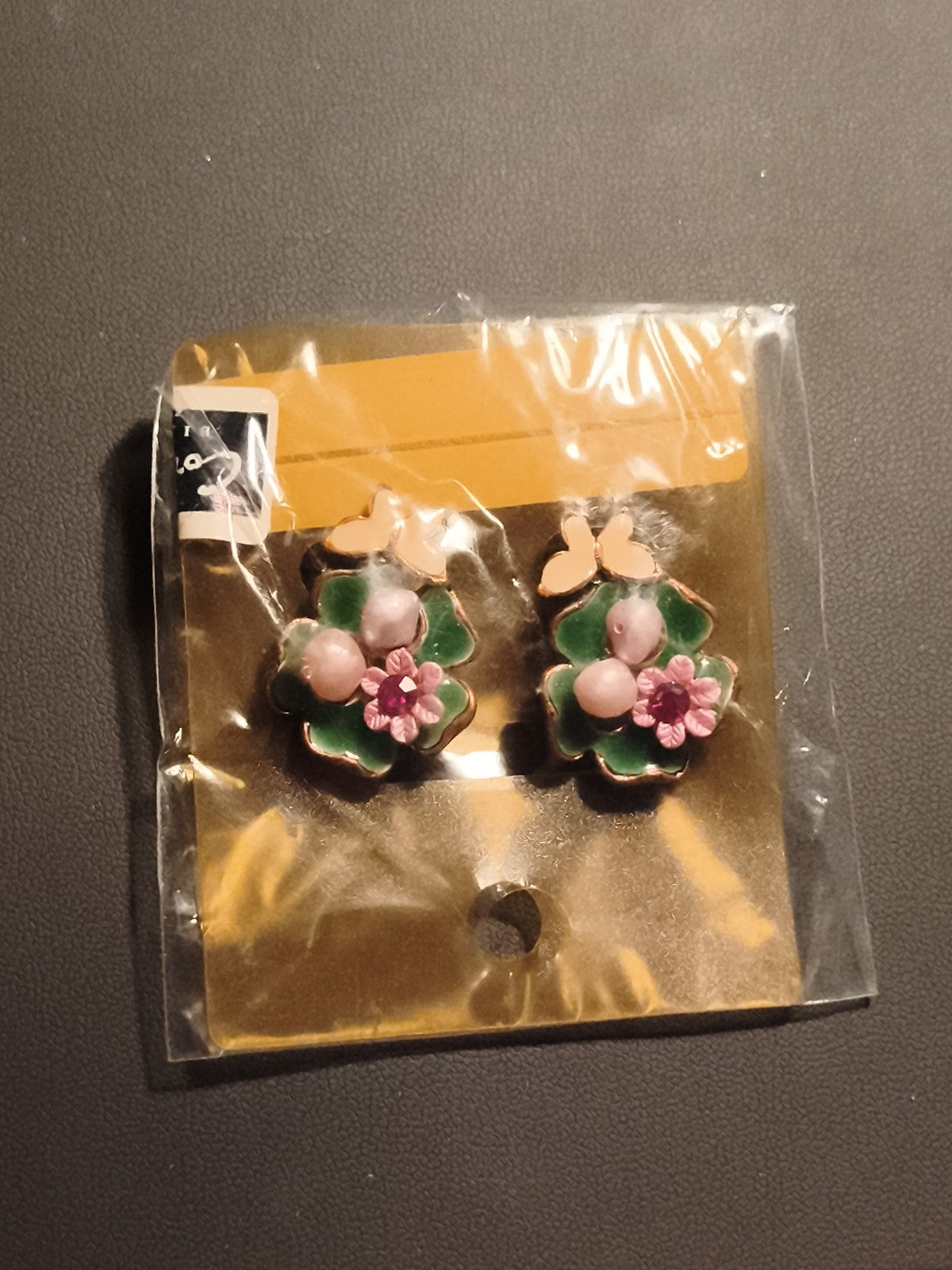 Boucles d’oreilles vintage fleurs émaillées vert rose, deadstock, puces fantaisi