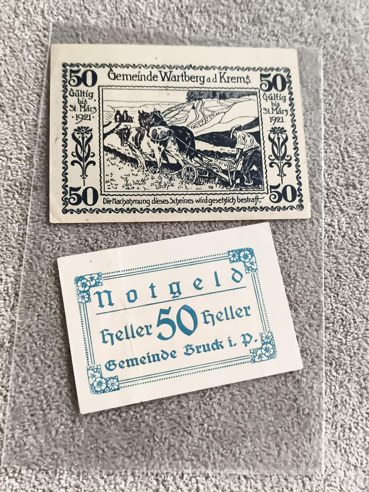 Anciens billets Notgeld 50 Heller Autriche 1921 Wartberg Bruck vintage