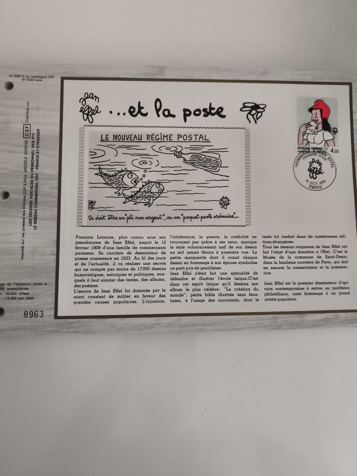 Feuillet philatélique CEF Jean Effel et la Poste timbre illustré France