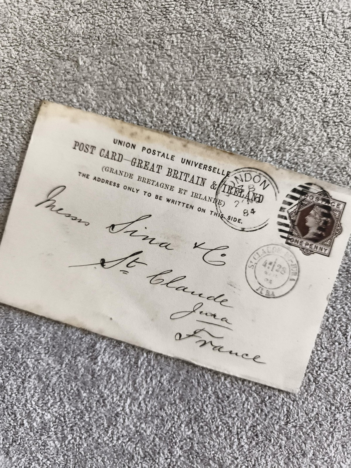 CPA Royaume-Uni timbre 1 penny Londres St Claude Jura France 1904