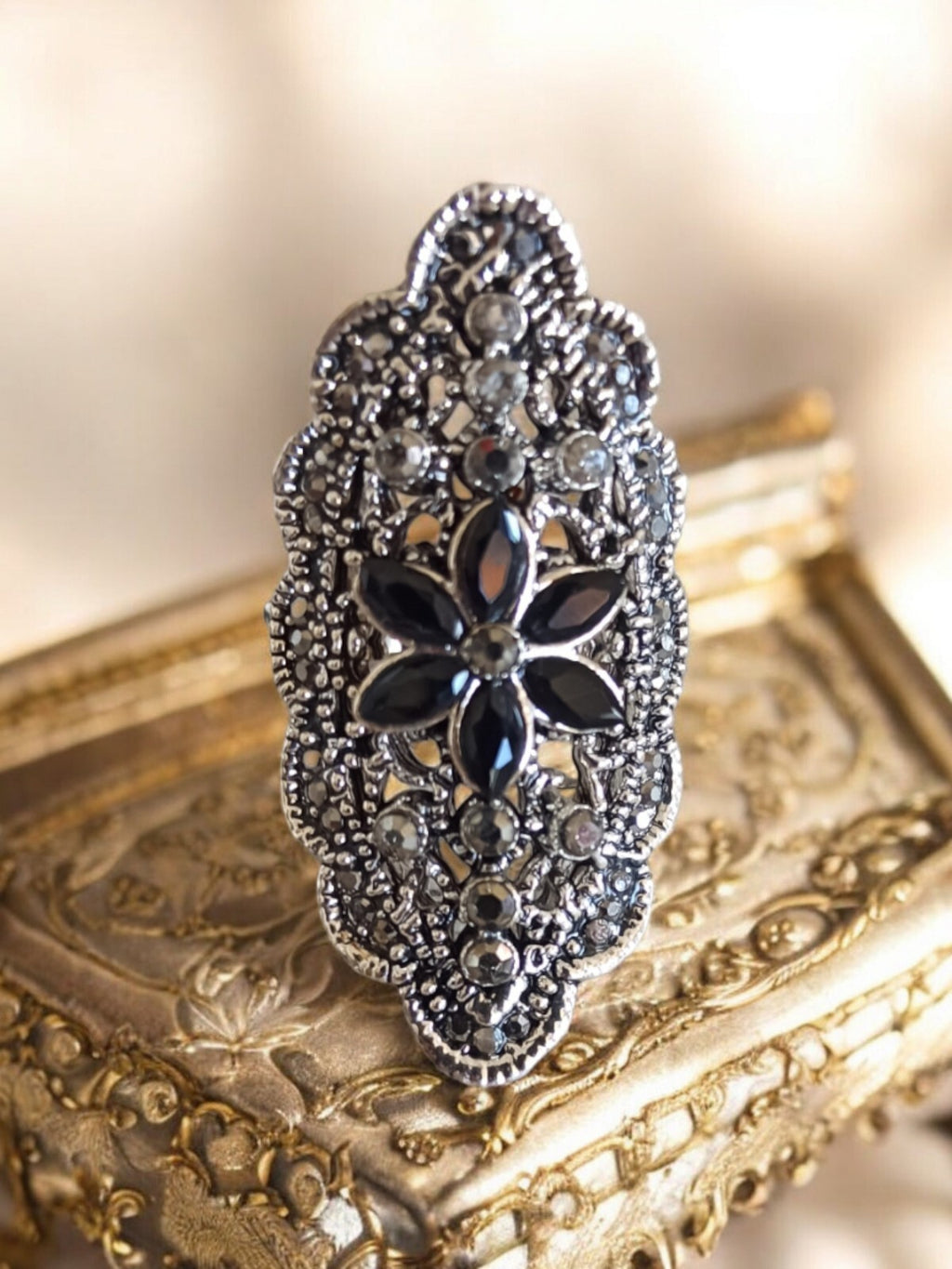 Bague vintage longue strass argenté motif fleur élégante T55 rétro