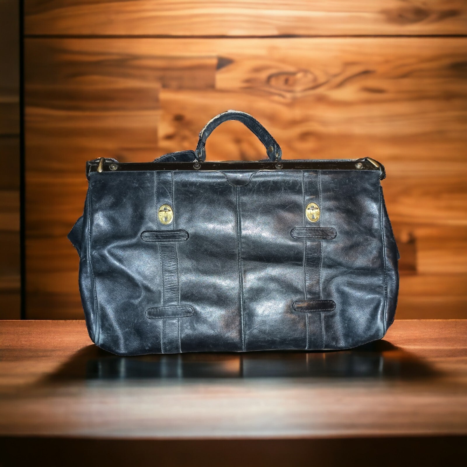 Sac de voyage vintage cuir noir années 60, mallette ancienne, bagage rétro
