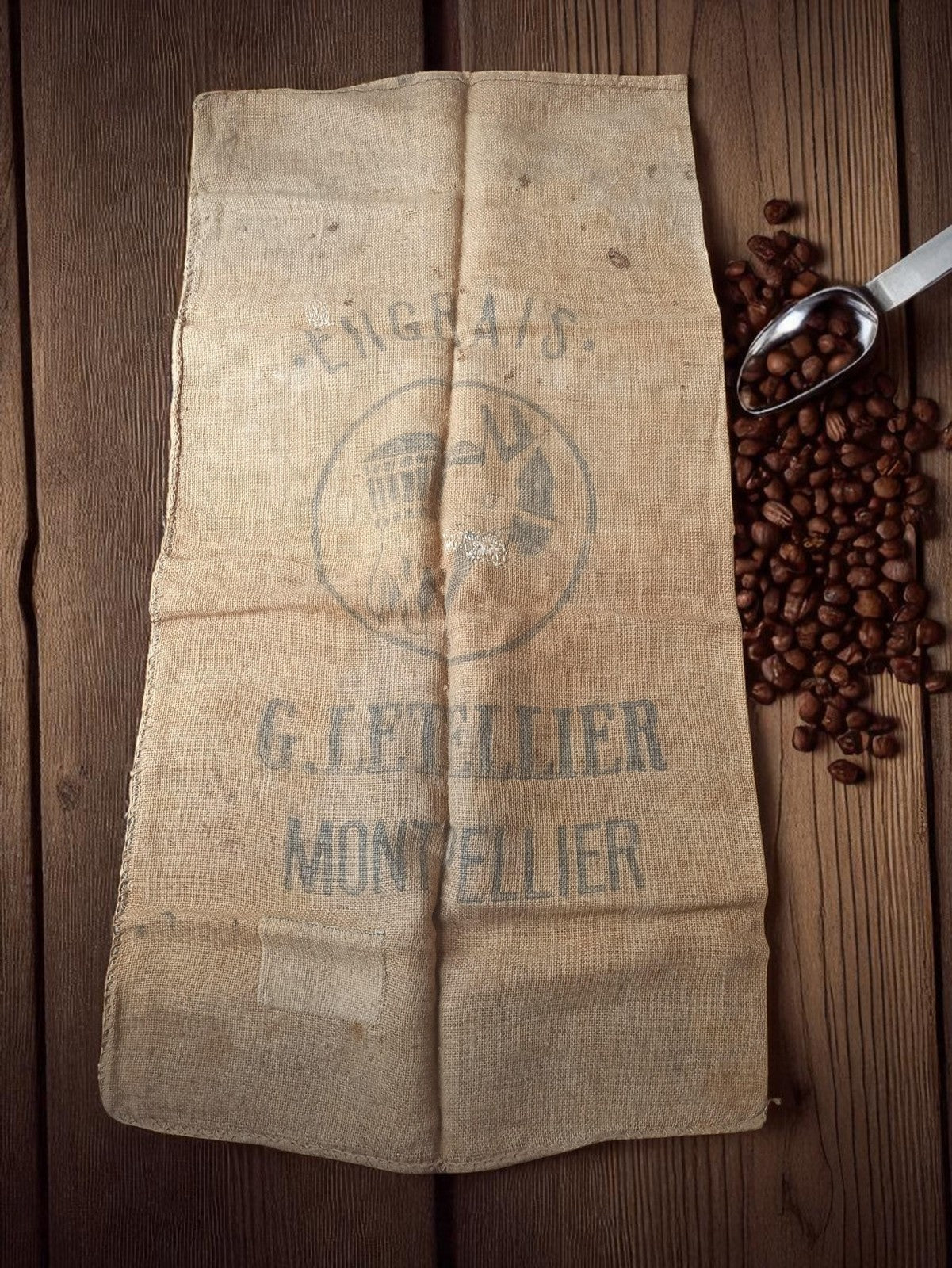 Sac en toile de jute ancien G. Letellier Montpellier déco vintage rétro