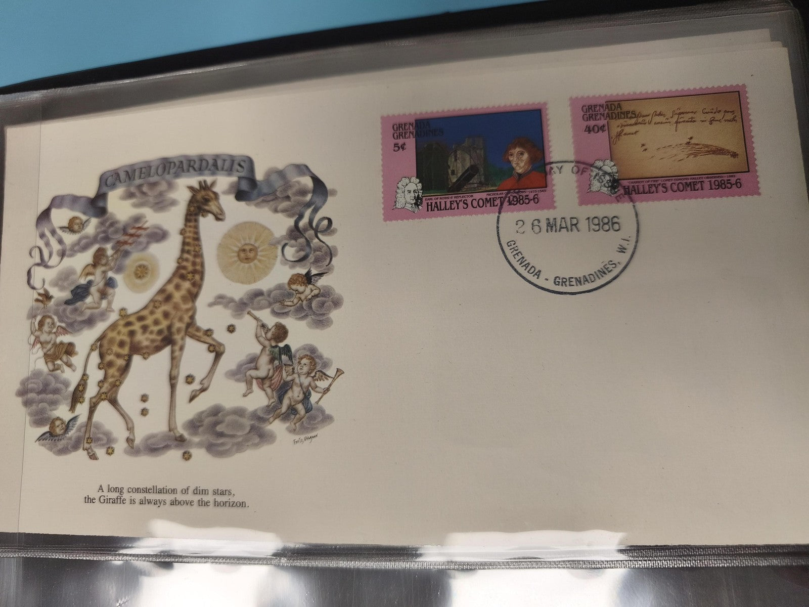 Enveloppe premier jour FDC Grenade 1986 Halley's Comet girafe Camelopardalis