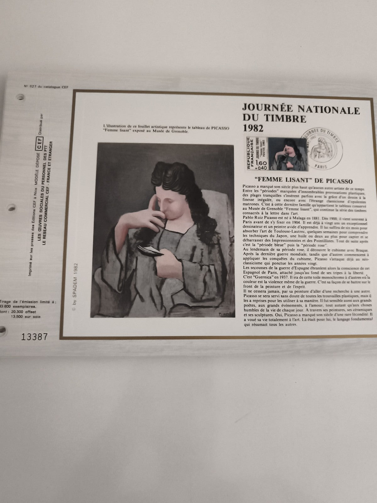 Feuillet CEF Journée du Timbre 1982 Picasso Femme lisant oblitéré philatélie