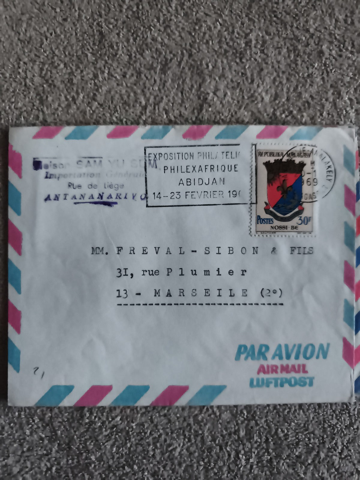 Lettre avion Madagascar 1969 Exposition PhilExAfrique Abidjan affranchissement