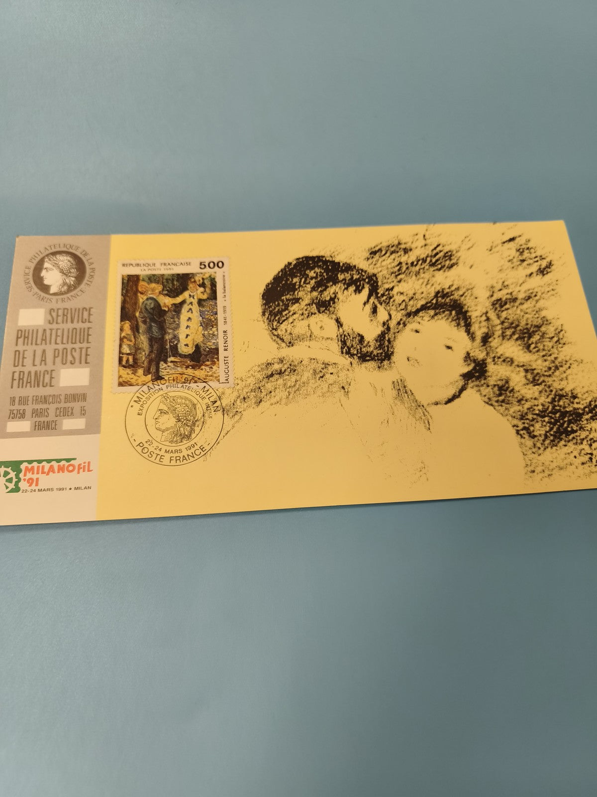 Carte postale philatélie France Milanofil 1991 timbre Renoir illustrée